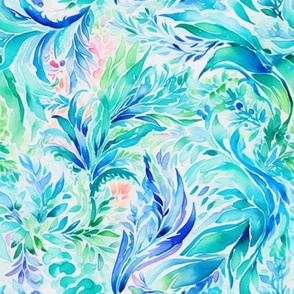 Exotic Escape - Blue/Teal Watercolor Corals on White