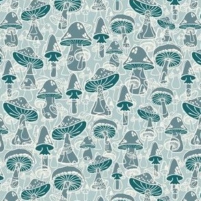 Small//Mushroom Meadow-A Dense Village of Retro Fungi//Toadstool  Blue