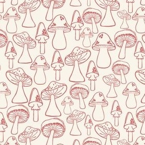Small//Mushroom Medley, Whimsical Line Drawing//Rosy Amanita Red