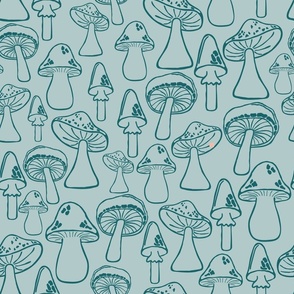 Large//Mushroom Medley, Whimsical Line Drawing//Snail Shell Blue