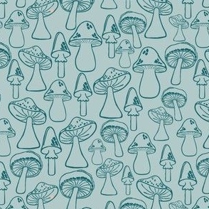 Small//Mushroom Medley, Whimsical Line Drawing//Snail Shell Blue