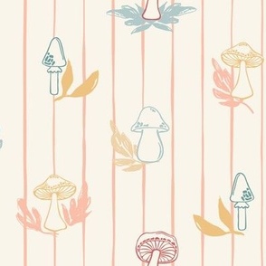 Large//Whimsical Stripes and Mushrooms on Lush Leaves
