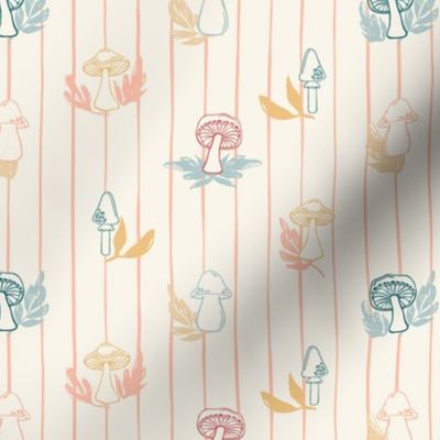 Medium//Whimsical Stripes and Mushrooms on Lush Leaves//