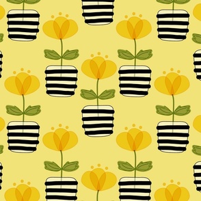 Whimsical Buttercup Flowers in Black Stripe Pots on Yellow Ground Large