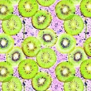watercolor kiwis on a soft pink background with navy blue paint splatters 4in