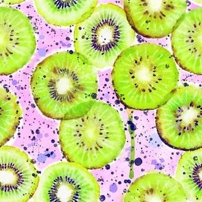 watercolor kiwis on a soft pink background with navy blue paint splatters 8in