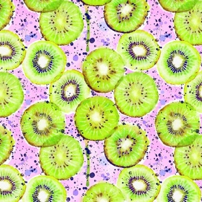 watercolor kiwis on a soft pink background with navy blue paint splatters 12in