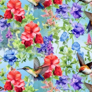 Closeup Humming Birds with Blues and English Garden Flowers