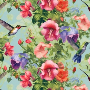 Humming Birds Closeup with English Garden Flowers