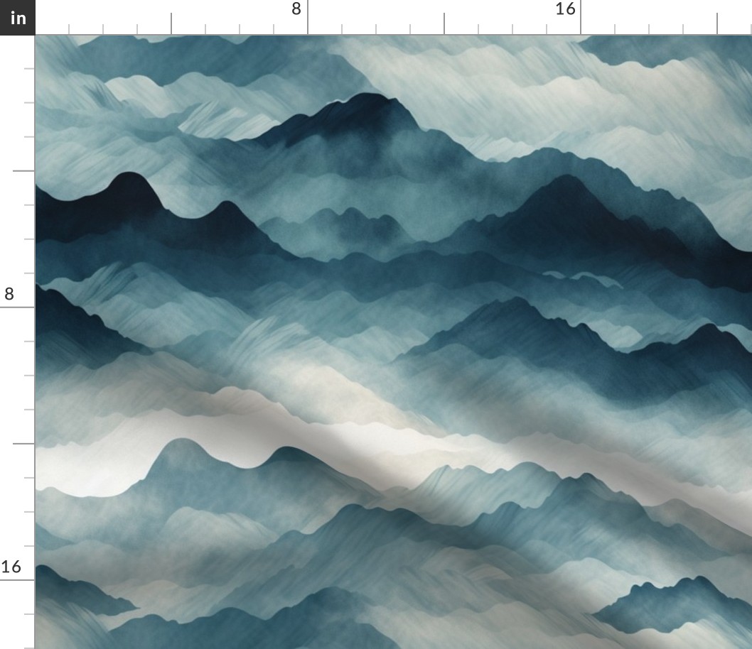 Gradient Blues Watercolor Mountain Peaks in the Clouds
