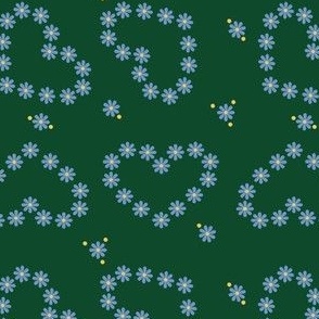Heart Shaped, Blue Daisy Chain on Green Background