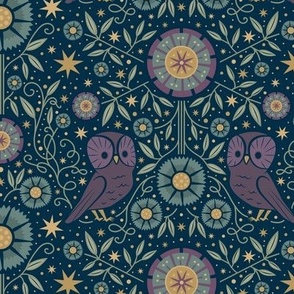 Midnight Owl in Victorian Aesthetic Blue Elegant Ornate | Historical Arts & Crafts Floral Flowers Stars