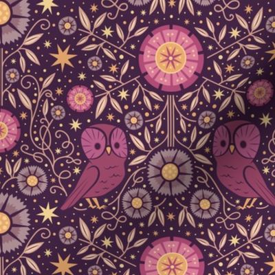 Midnight Owl in Victorian Aesthetic Plum Elegant Ornate | Historical Arts & Crafts Floral Flowers Stars