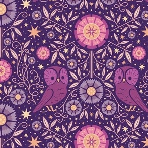 Midnight Owl in Victorian Aesthetic Purple Elegant Ornate | Historical Arts & Crafts Floral Flowers Stars