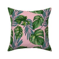 Monstera and Palm frond - green on pink