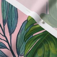 Monstera and Palm frond - green on pink