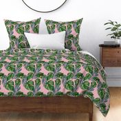 Monstera and Palm frond - green on pink