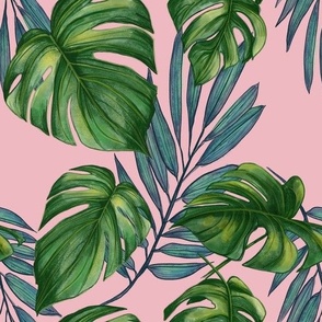 Monstera and Palm frond - green on pink