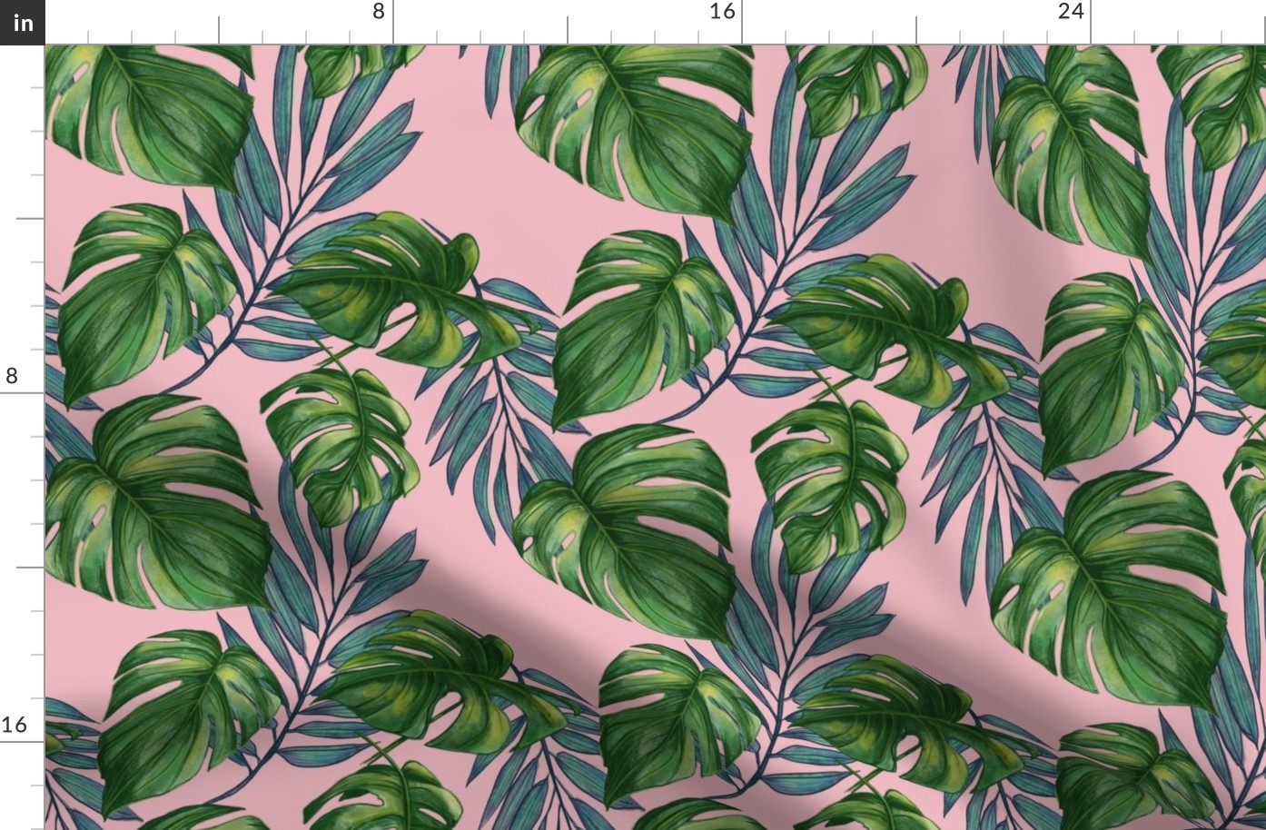 Monstera and Palm frond - green on pink