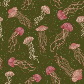 Calming  Floating jellyfish Swimming Under the Sea 12 x 12 vintage pink and green medium scale 