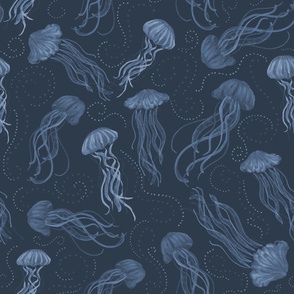 Calm Floating  jellyfish  swimming under the sea 12 x 12 cyanotype denim blue