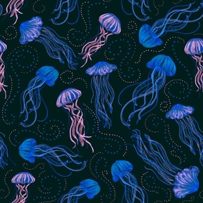 Calming Floating jellyfish Swimming Under the Sea  12 x 12- Neon Blue Pink Black
