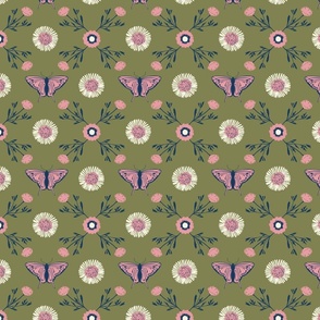 Pink Butterfly and Flower Diamond Florals on Dark Green