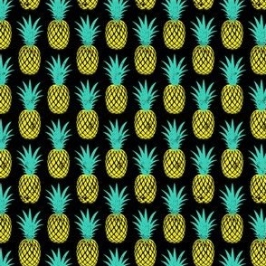 (small scale) pineapples - teal and yellow on black C23