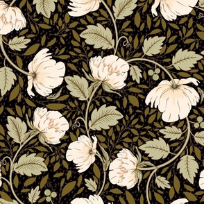 Peony Victorian Pattern -  smaller, black background & dots