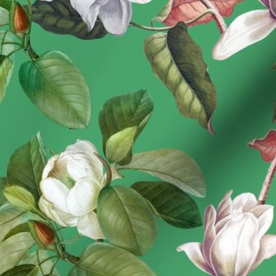 14" Lush Luxury And Elegant Antique Magnolia Flowers - vintage home decor, antiqued wallpaper ,Magnolias Fabric  And  Wallpaper Bouncy Ball Green 