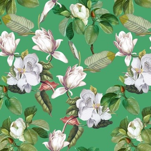 14" Lush Luxury And Elegant Antique Magnolia Flowers - vintage home decor, antiqued wallpaper ,Magnolias Fabric  And  Wallpaper Bouncy Ball Green 