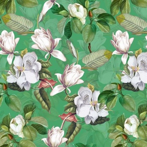 14" Lush Luxury And Elegant Antique Magnolia Flowers - vintage home decor, antiqued wallpaper ,Magnolias Fabric  And  Wallpaper Bouncy Ball Green double layer