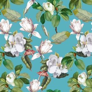 14" Lush Luxury And Elegant Antique Magnolia Flowers - vintage home decor, antiqued wallpaper ,Magnolias Fabric  And  Wallpaper DarkTurquoise Jade Gravel 