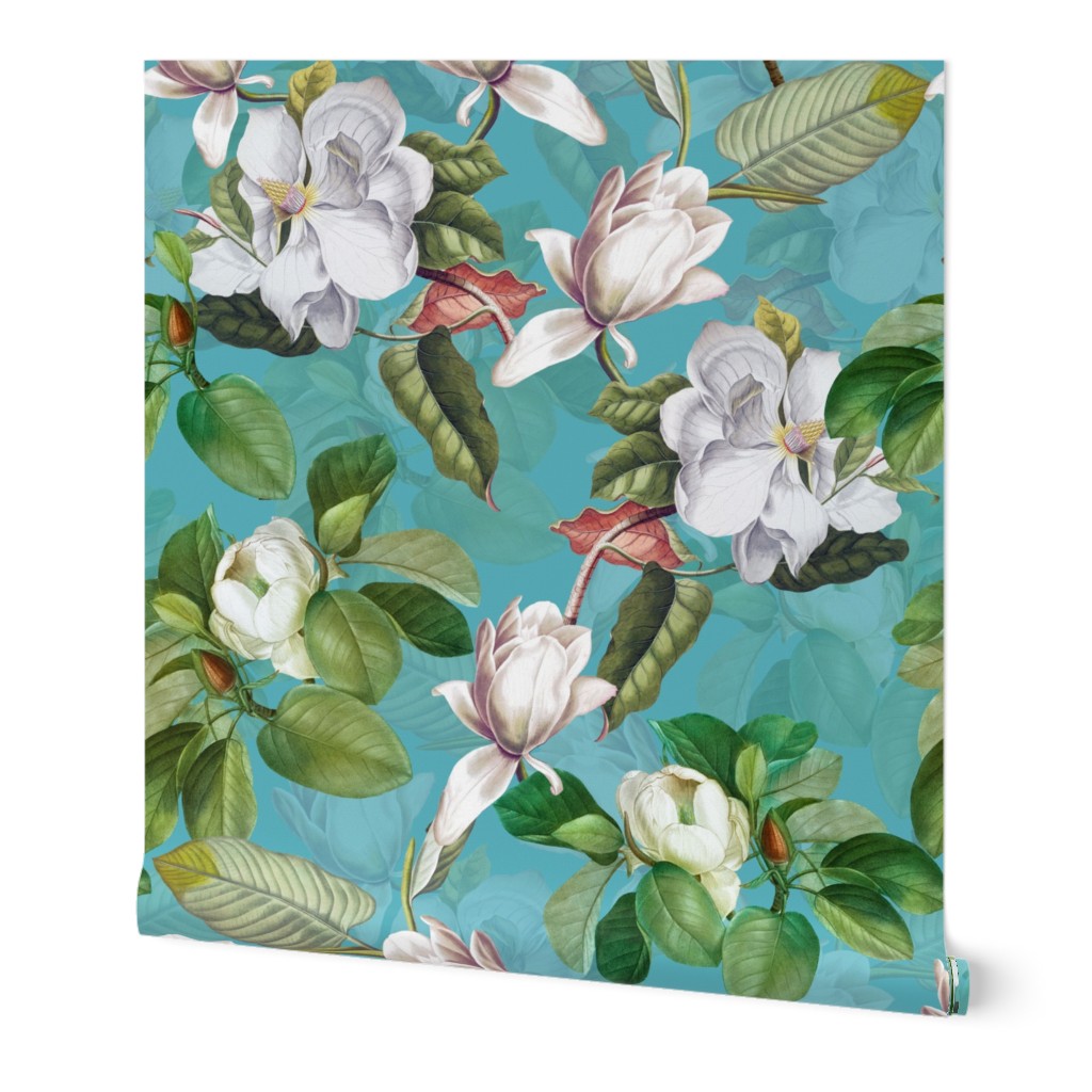 14" Lush Luxury And Elegant Antique Magnolia Flowers - vintage home decor, antiqued wallpaper ,Magnolias Fabric  And  Wallpaper DarkTurquoise Jade Gravel double layer