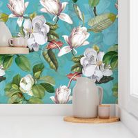 14" Lush Luxury And Elegant Antique Magnolia Flowers - vintage home decor, antiqued wallpaper ,Magnolias Fabric  And  Wallpaper DarkTurquoise Jade Gravel double layer