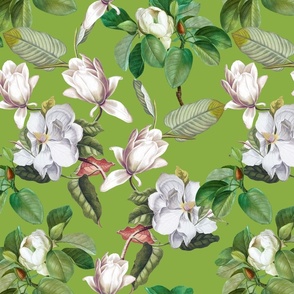 14" Lush Luxury And Elegant Antique Magnolia Flowers - vintage home decor, antiqued wallpaper ,Magnolias Fabric  And  Wallpaper green