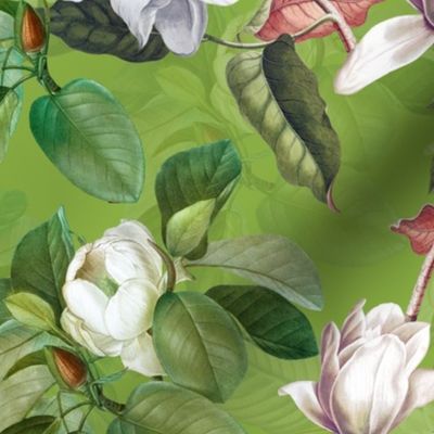 14" Lush Luxury And Elegant Antique Magnolia Flowers - vintage home decor, antiqued wallpaper ,Magnolias Fabric  And  Wallpaper  - green double layer
