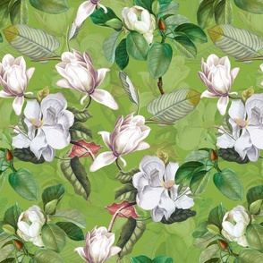 14" Lush Luxury And Elegant Antique Magnolia Flowers - vintage home decor, antiqued wallpaper ,Magnolias Fabric  And  Wallpaper  - green double layer