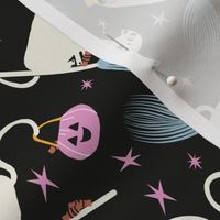 White Witchy halloween cats & blue brooms on black
