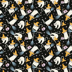White Witchy halloween cats & orange hats on black