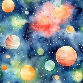 Watercolour galaxy with planets 