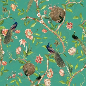 Antique Rococo Chinoiserie Flower Trees Animals Garden - With Peacocks- 18th century reconstructed hand painted lush garden - Marie Antoinette Chinoiserie inspired-Bouncy Ball Green double layer