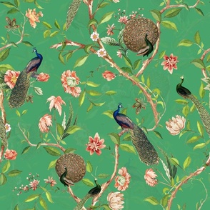 Antique Rococo Chinoiserie Flower Trees Animals Garden - With Peacocks- 18th century reconstructed hand painted lush garden - Marie Antoinette Chinoiserie inspired-Dioptase Green double layer