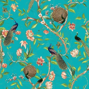 Antique Rococo Chinoiserie Flower Trees Animals Garden - With Peacocks- 18th century reconstructed hand painted lush garden - Marie Antoinette Chinoiserie inspired-DarkTurquoise Jade Gravel double layer