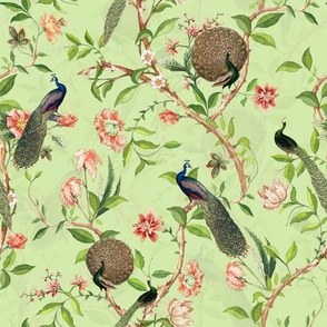 Antique Rococo Chinoiserie Flower Trees Animals Garden - With Peacocks- 18th century reconstructed hand painted lush garden - Marie Antoinette Chinoiserie inspired- light apple Green double layer