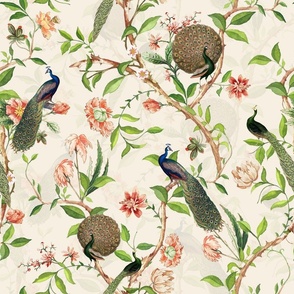 Antique Rococo Chinoiserie Flower Trees Animals Garden - With Peacocks- 18th century reconstructed hand painted lush garden - Marie Antoinette Chinoiserie inspired-soft beige double layer