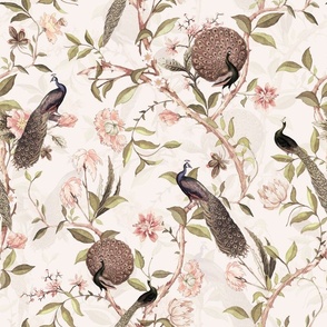Antique Rococo Chinoiserie Flower Trees Animals Garden - With Peacocks- 18th century reconstructed hand painted lush garden - Marie Antoinette Chinoiserie inspired-soft sepia beige double layer