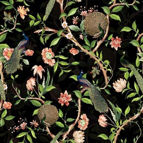 Antique Rococo Chinoiserie Flower Trees Animals Garden - With Peacocks- 18th century reconstructed hand painted lush garden - Marie Antoinette Chinoiserie inspired-night black double layer