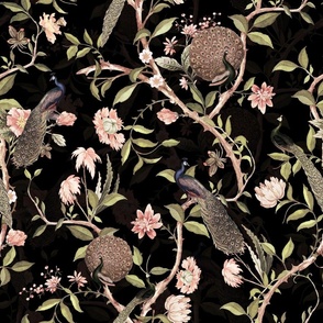 Antique Rococo Chinoiserie Flower Trees Animals Garden - With Peacocks- 18th century reconstructed hand painted lush garden - Marie Antoinette Chinoiserie inspired-sepia night black double layer 