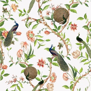 Antique Rococo Chinoiserie Flower Trees Animals Garden - With Peacocks- 18th century reconstructed hand painted lush garden - Marie Antoinette Chinoiserie inspired-off white 